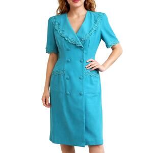 Vintage 80s Women's 12 Aqua Blue Midi Dress Lace Trim Double Breasted